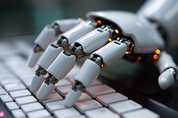 Obraz premium Hand of a robot touching a white computer keyboard