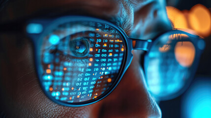 Man spectacles, A developer coder looking at programming code data cyber security digital tech reflecting in spectacles developing software program. Generative AI.