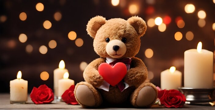 A cozy teddy bear holds a heart, surrounded by soft candlelight, creating a warm, inviting scene that evokes feelings of love, comfort, and tender care.