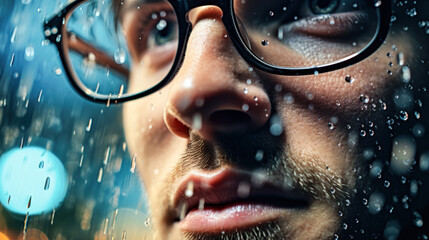 Abstract Rainy Vision: Glasses in Raindrops - obrazy, fototapety, plakaty