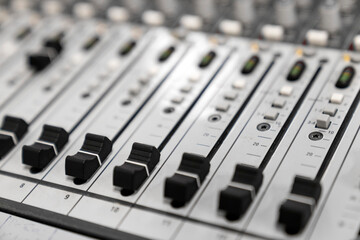 Mixer control. Music engineer. Backstage controls on an audio mixer, Sound mixer. Professional...