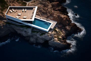 Architektur, modernes Haus, an den Klippen über dem Meer, Villa mit Pool, erstellt mit generativer KI - 723117227