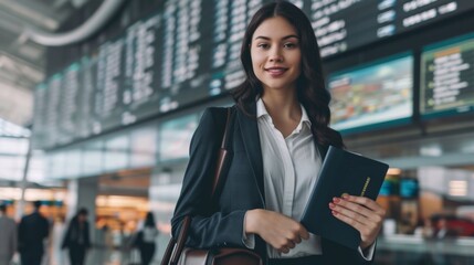 Confident businesswoman at the airport with passport and ticket, suitable for business travel and global commerce themes