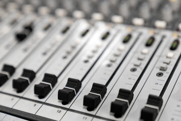 Mixer control. Music engineer. Backstage controls on an audio mixer, Sound mixer. Professional...