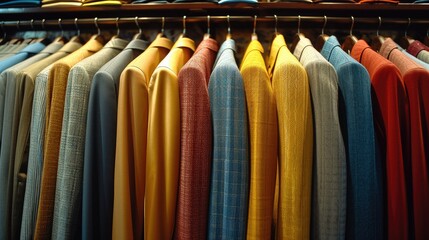 Many Collections Of Complete Male Outfits Neatly Arranged In Rows, Different Colors, Different Designs For Male  Generative AI  Wall Mural