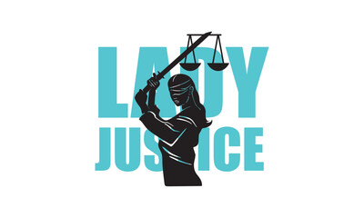 SWORD OF JUSTICE, GODDESS OF TRUTH LOGO, silhouette of strong woman with sword and scales vector illustrations