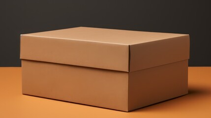 Closed cardboard box shipping on wooden table, with dark background.