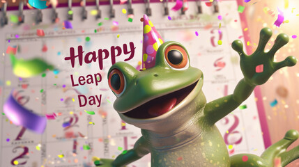 Leap day, 29 February 2024 greeting card with cute jumping Green Frog and Happy Leap Day text. Leap year, one extra day.