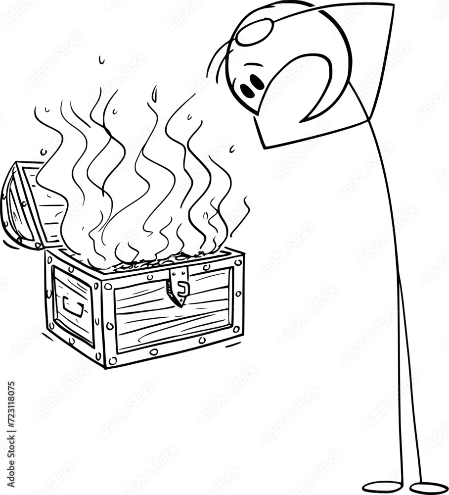 Poster money in treasure chest are burning, vector cartoon stick figure illustration