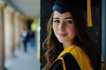 A jubilant female graduate stands in the foreground, her smile radiant and full of pride. She is dressed in traditional academic regalia with a black gown and mortarboard,  AI generated
