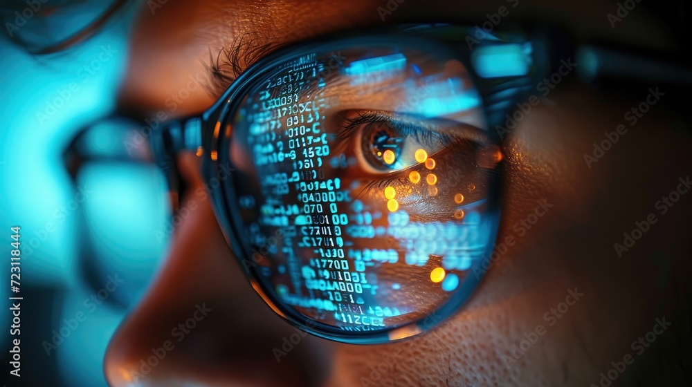 Fototapete extreme close up, mans spectacles, in the reflection computer code is visible. generative ai.