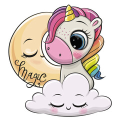 Cartoon Unicorn is sitting a on the Cloud
