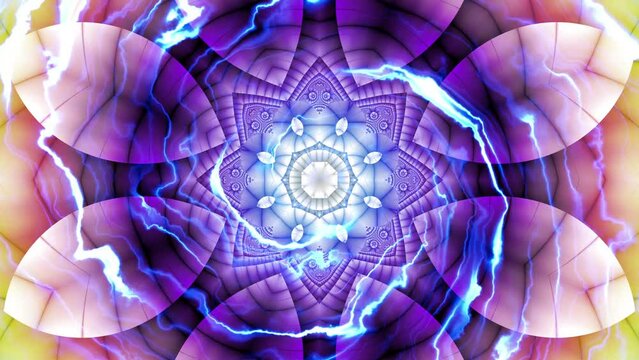 Spinning abstract magic lotus flower. Esoteric sacred mandala with energy fluides. 4k Looping footage. Sacred Sun symbol