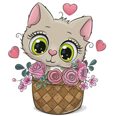 Cute cartoon Kitty in a basket of flowers
