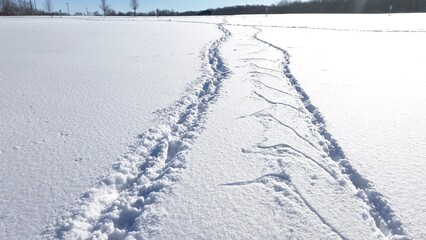 Tracks in the snow in Winter with sunlight on frozen ground