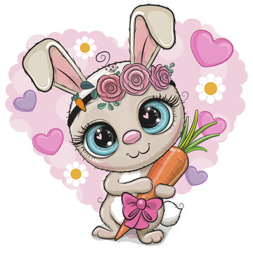 Cute Cartoon Bunny with carrot and flowers