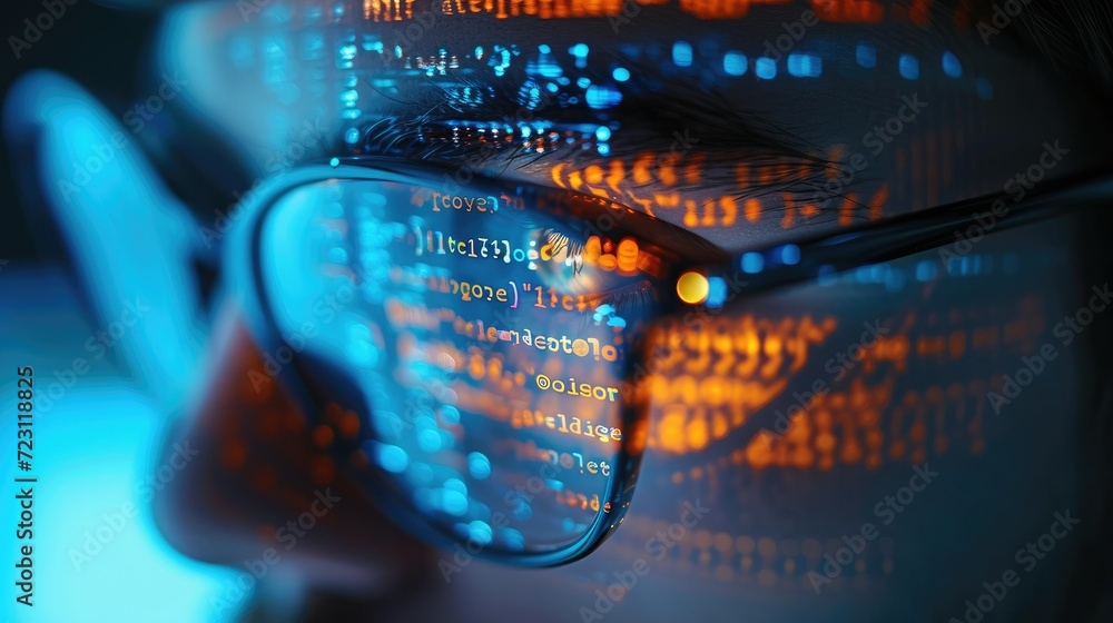 Poster extreme close up, mans spectacles, in the reflection computer code is visible. generative ai.