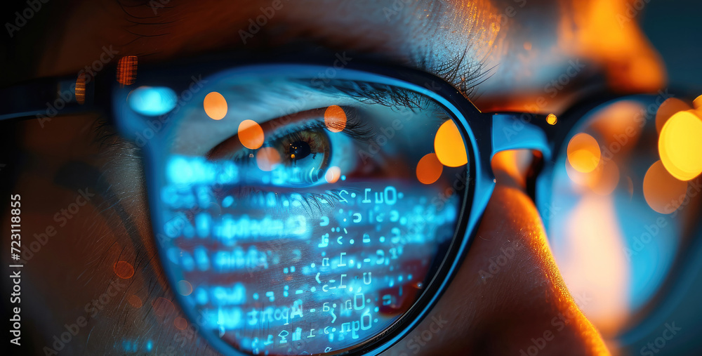 Aufkleber Man spectacles, A developer coder looking at programming code data cyber security digital tech reflecting in spectacles developing software program. Generative AI.