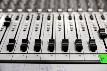 Mixer control. Music engineer. Backstage controls on an audio mixer, Sound mixer. Professional...