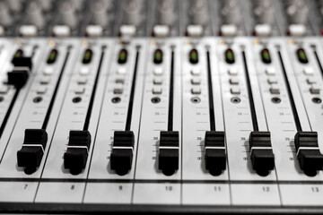 Mixer control. Music engineer. Backstage controls on an audio mixer, Sound mixer. Professional...