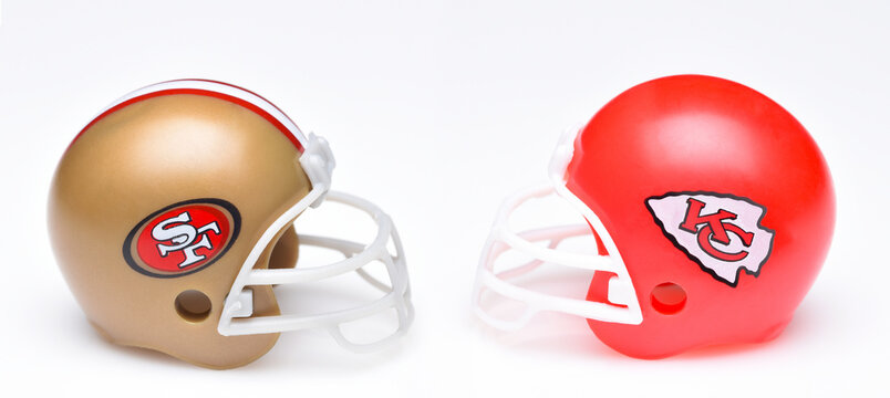 IRVINE, CALIFORNIA - 29 JAN 2024: Helmets for the Kansas City Chiefs and San Francisco 49ers, opponents in Super Bowl LVIII.