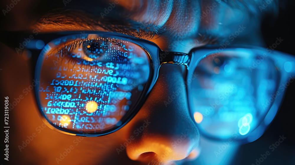 Aufkleber Man spectacles, A developer coder looking at programming code data cyber security digital tech reflecting in spectacles developing software program. Generative AI.