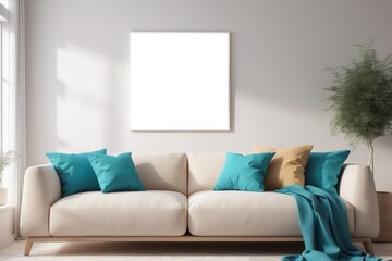 Turquoise blue knot pillow on a beige corner sofa and blank poster on a white wall in a modern living room interior