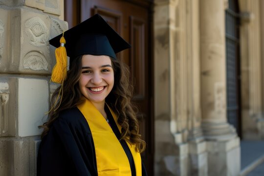 A radiant graduate beams with accomplishment, wearing a traditional black cap and gown with a golden yellow tassel indicating her academic achievements. Ai generative