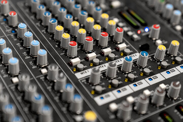 Mixer control. Music engineer. Backstage controls on an audio mixer, Sound mixer. Professional...