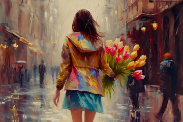 A portrait of a girl with a bouquet of tulips from the back against the background of a city landscape written in oil paints. The concept of the arrival of spring and International Women's Day - obrazy, fototapety, plakaty