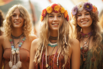 Fototapeta premium Funny happy hippie best friends on festival concert retro party event nature Generative AI