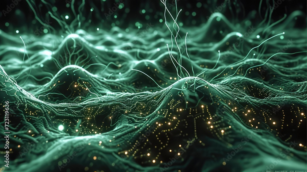 Poster Network of hundreds of interconnected neurons that flash, one neuron is cybernetically modified and consists of green glowing microprocessors. Generative AI.