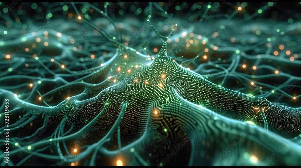 Aufkleber Network of hundreds of interconnected neurons that flash, one neuron is cybernetically modified and consists of green glowing microprocessors. Generative AI.