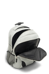 Fototapeta premium rolling grey backpack isolated on white background. travel daypack with zippered and shoulder straps. satchel rucksack. canvas school backpack. foldable stand bag with handle and wheels. top view.