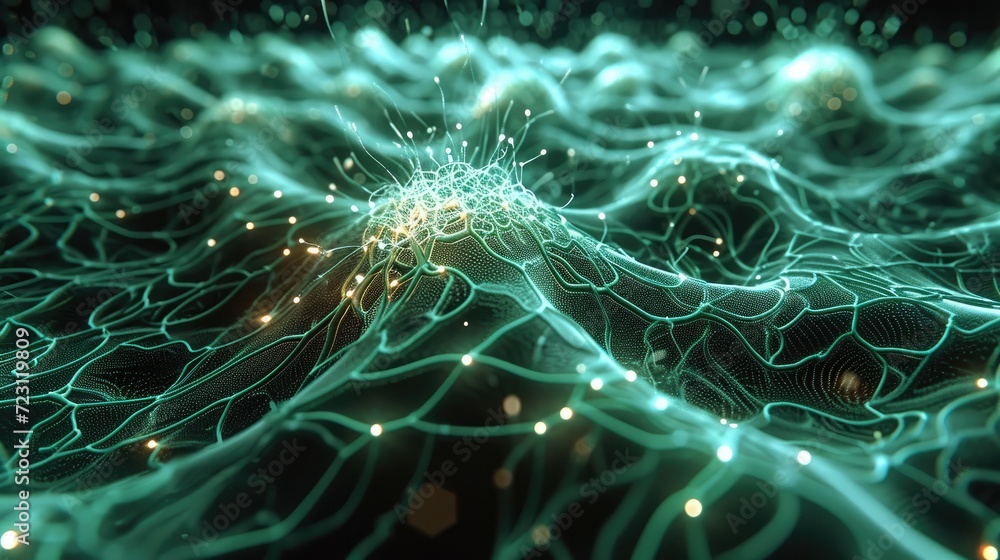 Aufkleber Network of hundreds of interconnected neurons that flash, one neuron is cybernetically modified and consists of green glowing microprocessors. Generative AI.