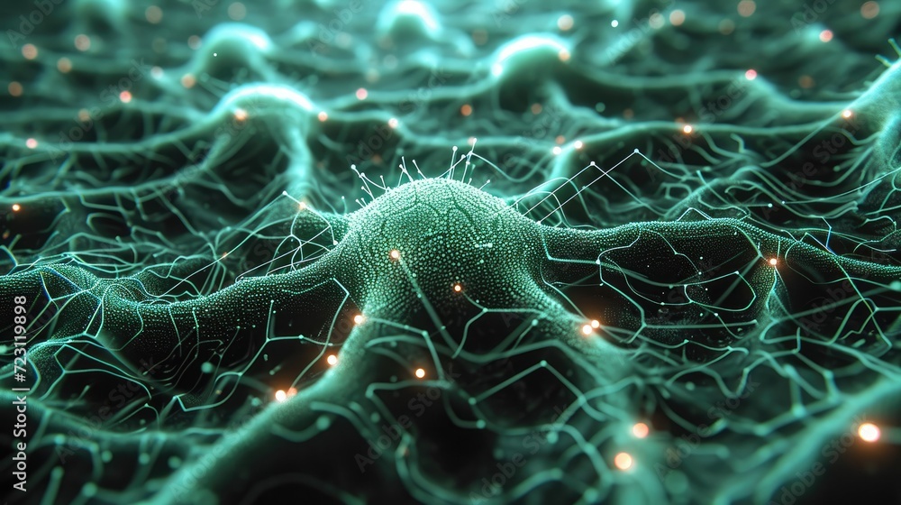Poster Network of hundreds of interconnected neurons that flash, one neuron is cybernetically modified and consists of green glowing microprocessors. Generative AI.