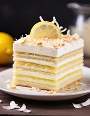 Piece of biscuit dessert with lemon and coconut flakes. Layered vanilla cake on a white plate. Generative AI.