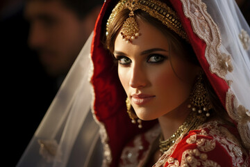 Fototapeta na wymiar Generative ai picture collage of asian arab bride wear traditional wedding dress