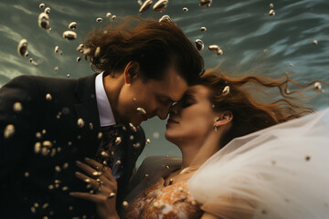 Generative ai collage photo of couple kiss underwater on wedding exotic event