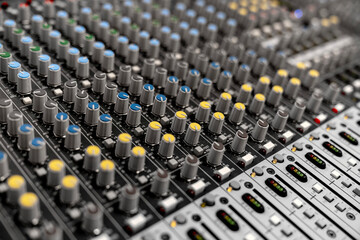 Mixer control. Music engineer. Backstage controls on an audio mixer, Sound mixer. Professional...