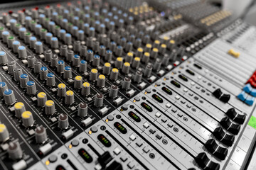 Mixer control. Music engineer. Backstage controls on an audio mixer, Sound mixer. Professional...