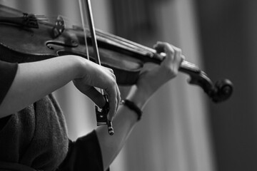 Hands of a woman playing the violin in black and white - 723120614