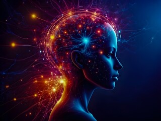 A captivating blend of light and shadows emanate from a woman's serene face, reflecting the complexity of her inner thoughts. Alpha Beta Psychology