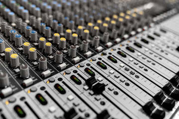 Mixer control. Music engineer. Backstage controls on an audio mixer, Sound mixer. Professional...