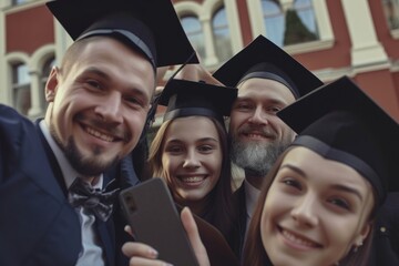 Fototapeta premium A proud graduate in a black gown and cap, with a bright red bow tie, captures a selfie moment with a beaming woman, likely a family member. They both exhibit joyous smiles. AI generated