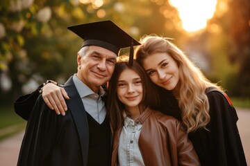  A proud graduate in a black gown and cap, with a bright red bow tie, captures a selfie moment with a beaming woman, likely a family member. They both exhibit joyous smiles. AI generated