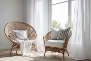 Sheer white curtains on the window of a white living room interior with a striped, linen pillow on a modern wicker chair