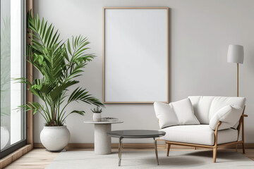 Frame mockup with ISO A paper size, showcasing a living room wall poster mockup against a modern interior design background, presented in a 3D render.