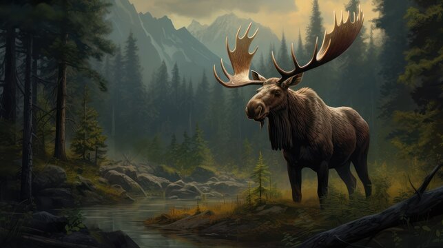 Big Moose Deer in dark pine forest with mountains background. Standing proudly with his big horns.