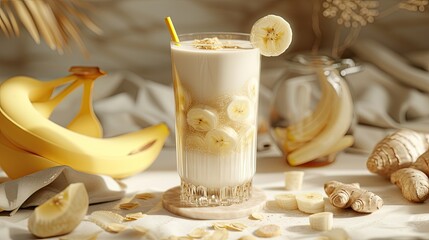Enjoy the refreshing taste of banana juice alongside slices of fresh bananas, a delightful and healthy snack option. - obrazy, fototapety, plakaty